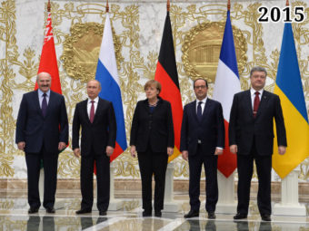 Александр Лукашенко, Владимир Путин, Ангела Меркель, Франсуа Олланд, Пётр Порошенко. 2015 год