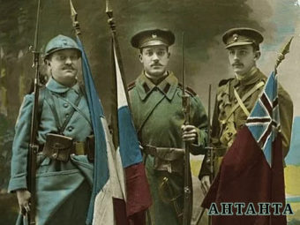 Открытка Первой мировой войны. Солдаты Франции, России и Великобритании