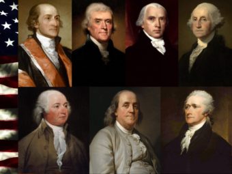 Семь ключевых Отцов-основателей США: Джон Адамс, Бенджамин Франклин, Александр Гамильтон, Джон Джей, Томас Джефферсон, Джеймс Мэдисон и Джордж Вашингтон