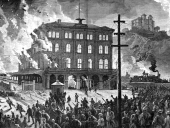 Сожжение Union Depot, Питтсбург, Пенсильвания, 21-22 июля 1877 года, гравюра