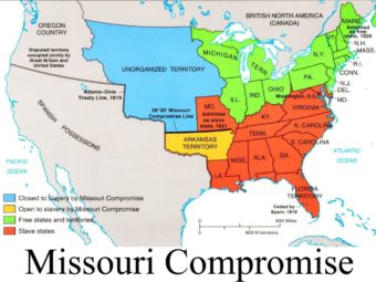 Карта США на момент принятия Миссурийского компромисса в 1820 году
